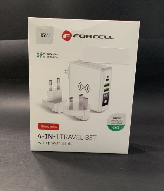 Forcell 4-in-1 Пътно Зарядно с Power Bank 8000 mAh и Безжично Зареждане 15W